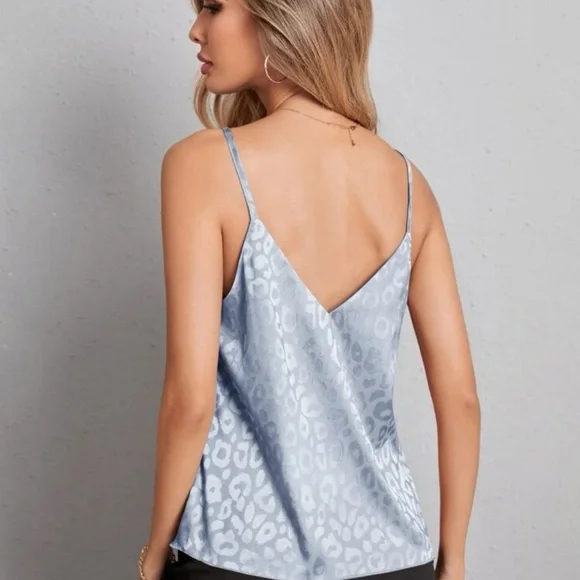 V neck cami tank top jacquard leopard print satin light blue - Picture 3 of 12